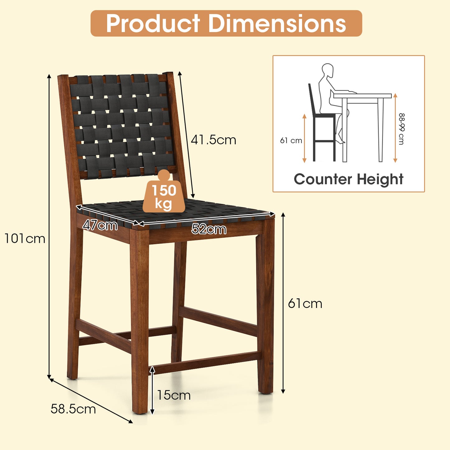 Woven Bar Stools Set of 2 with Faux PU Leather Straps-Black & Brown