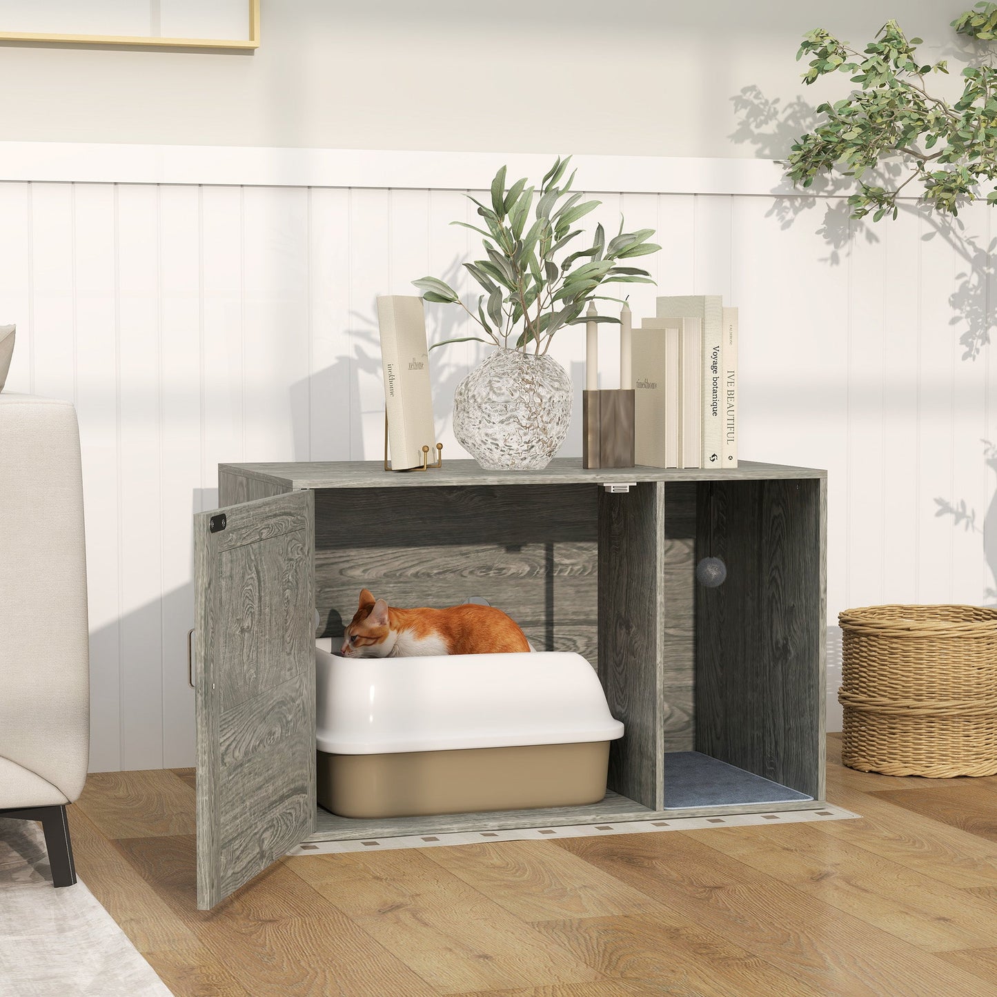 PawHut Boho Style Cat Litter Box Enclosure with Rattan Door, Scratching Mat