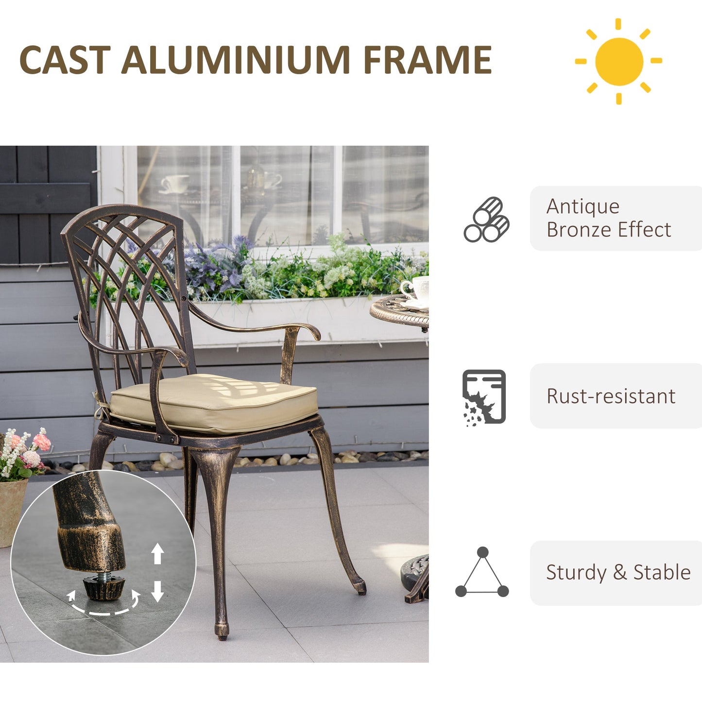 3Pc Cast Aluminium Garden Bistro Set for 2 Parasol Hole, Cushions Bronze