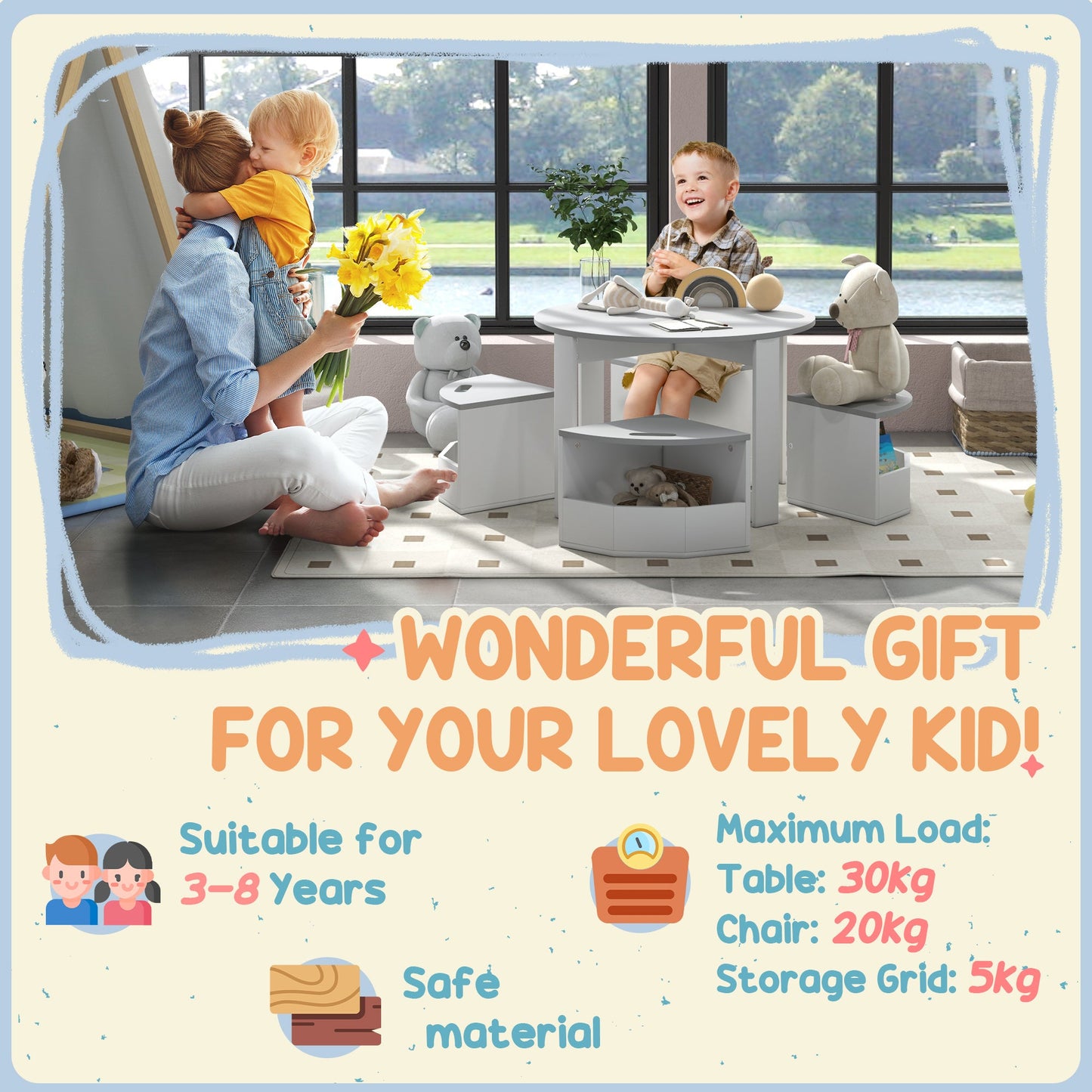 AIYAPLAY 5-Piece Kids Table and Chairs Set w/ Storage for 3-8 Years Old-Grey