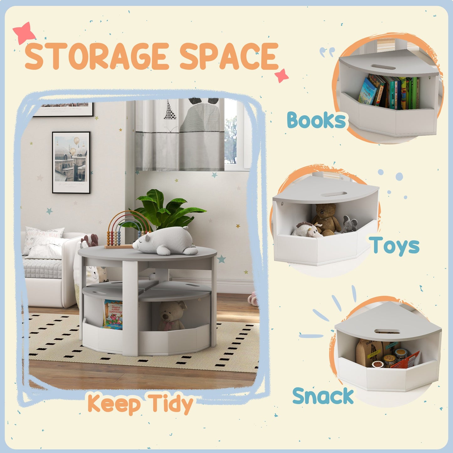 AIYAPLAY 5-Piece Kids Table and Chairs Set w/ Storage for 3-8 Years Old-Grey