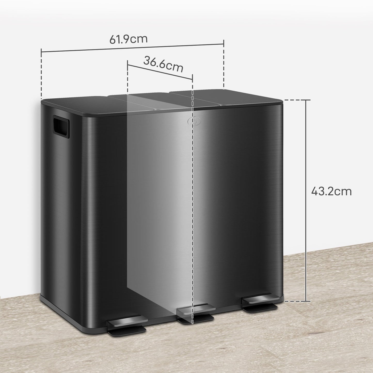 HOMCOM 3 x 15L Triple Kitchen Bin Pedal Bin for Recycling and Waste, Black