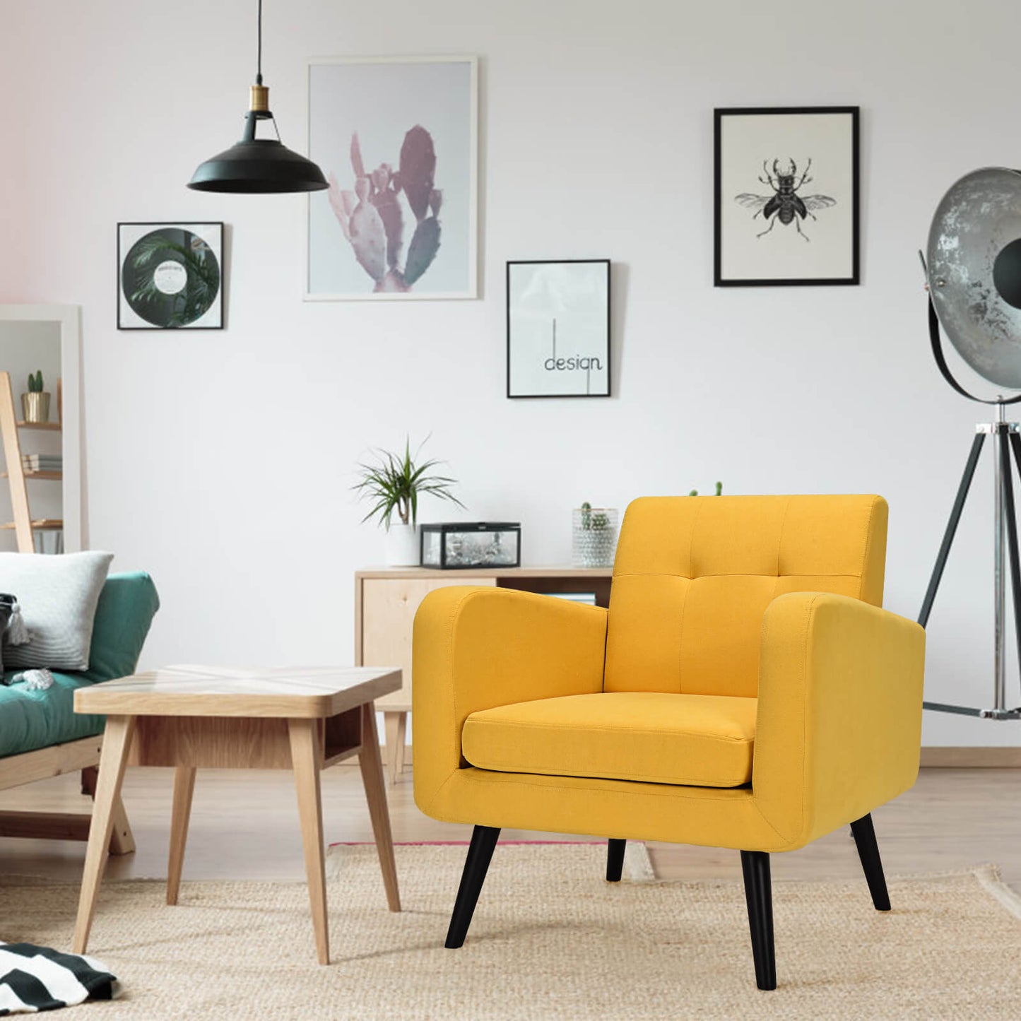 Mid-Century Modern Upholstered Accent Chair with Rubber Wood Legs-Beige