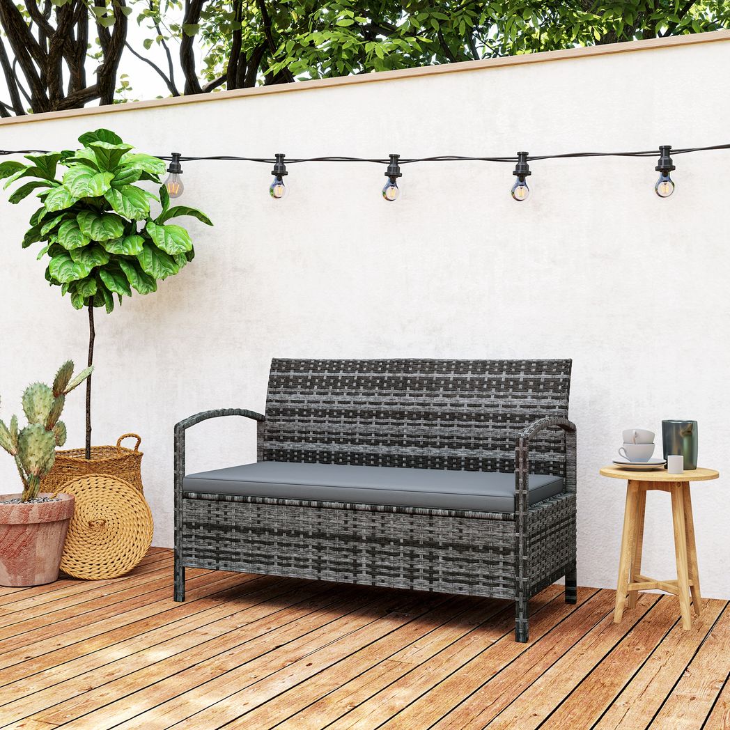 Outsunny Rattan Garden Bench w/ 125L Storage, Cushioned Outdoor Bench