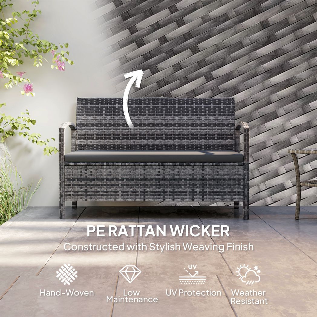 Outsunny Rattan Garden Bench w/ 125L Storage, Cushioned Outdoor Bench