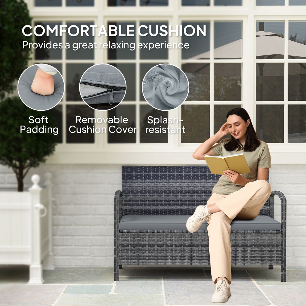 Outsunny Rattan Garden Bench w/ 125L Storage, Cushioned Outdoor Bench
