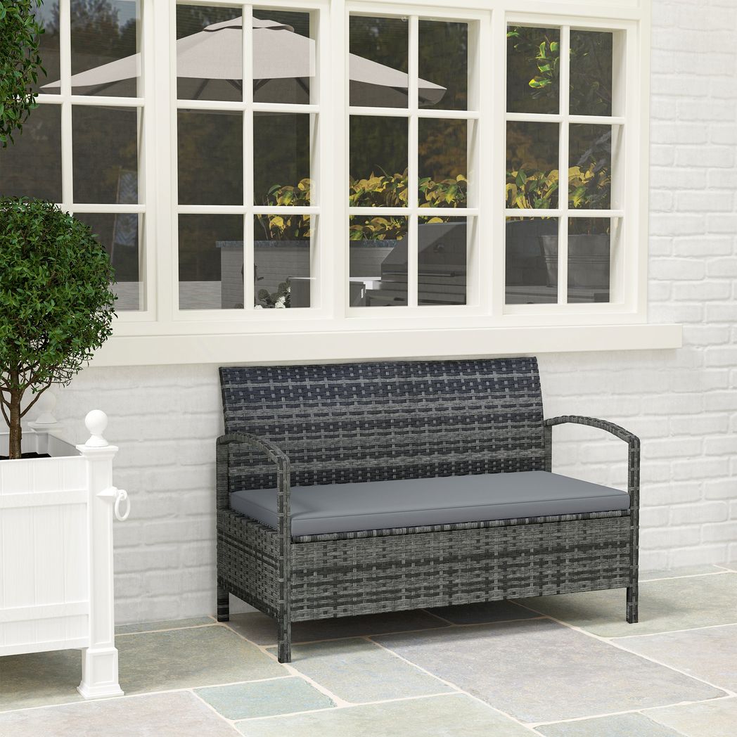 Outsunny Rattan Garden Bench w/ 125L Storage, Cushioned Outdoor Bench