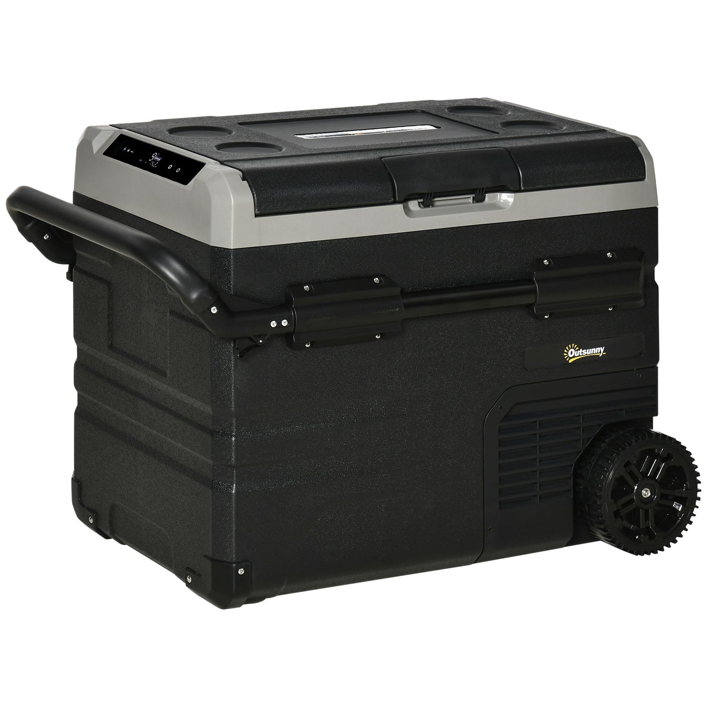 Outsunny 50L Car Refrigerator, Portable Compressor Cooler Box, Fridge Freezer w/Inner LED Light, Foldable Handles, Cup Holders, 12/24V DC and 110-240V AC for Campervan RV Boat Travel Down to -20℃