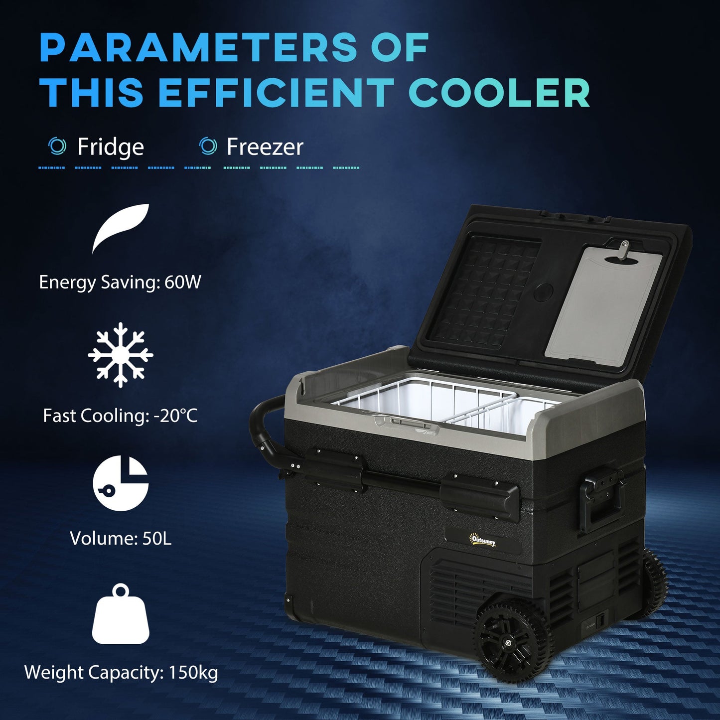 Outsunny 50L Car Refrigerator, Portable Compressor Cooler Box, Fridge Freezer w/Inner LED Light, Foldable Handles, Cup Holders, 12/24V DC and 110-240V AC for Campervan RV Boat Travel Down to -20℃
