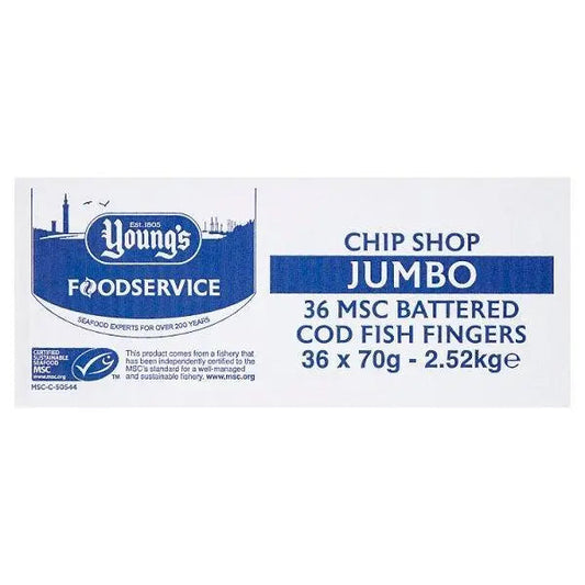 Youngs Chip Shop Jumbo MSC Battered Cod Fish Fingers 36 x 70g (2.52kg)