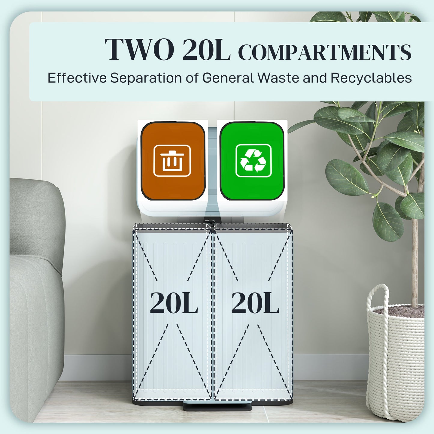 HOMCOM 2 x 20L Double Rubbish Bin, Pedal Bin with Soft-Close Lid, Light Green