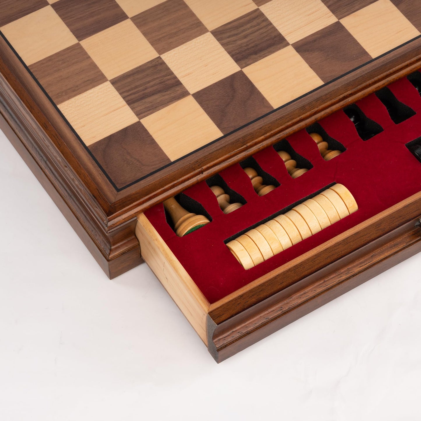 A&A 15-Inch Walnut Chess Set with Storage Drawer - Triple-Weighted Pieces, 3.0-Inch King, Walnut & Maple Inlay, 2-in-1 Chess & Checkers