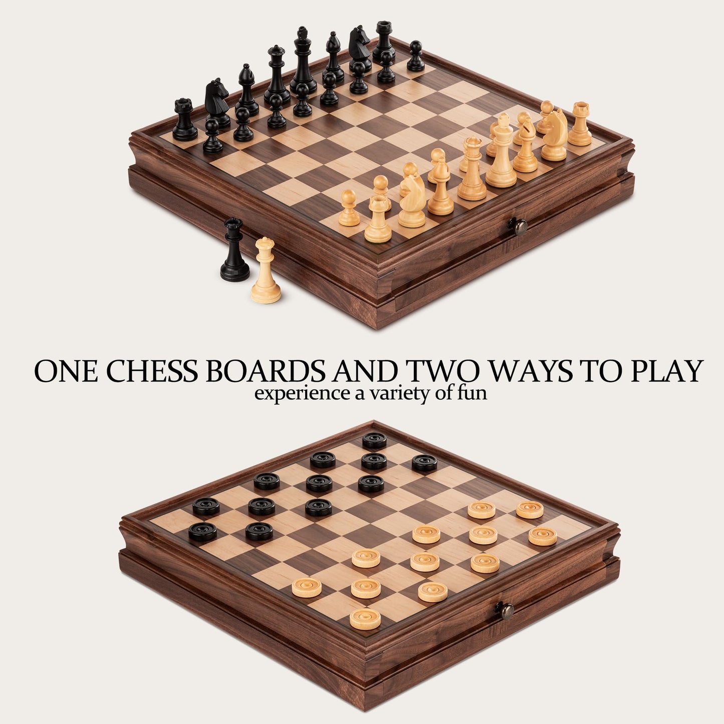 A&A 15-Inch Walnut Chess Set with Storage Drawer - Triple-Weighted Pieces, 3.0-Inch King, Walnut & Maple Inlay, 2-in-1 Chess & Checkers
