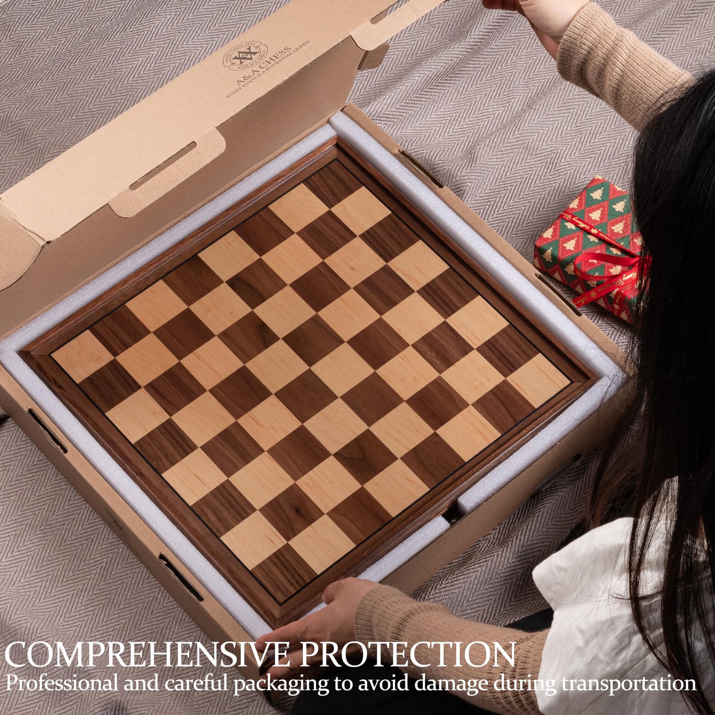 A&A 15-Inch Walnut Chess Set with Storage Drawer - Triple-Weighted Pieces, 3.0-Inch King, Walnut & Maple Inlay, 2-in-1 Chess & Checkers