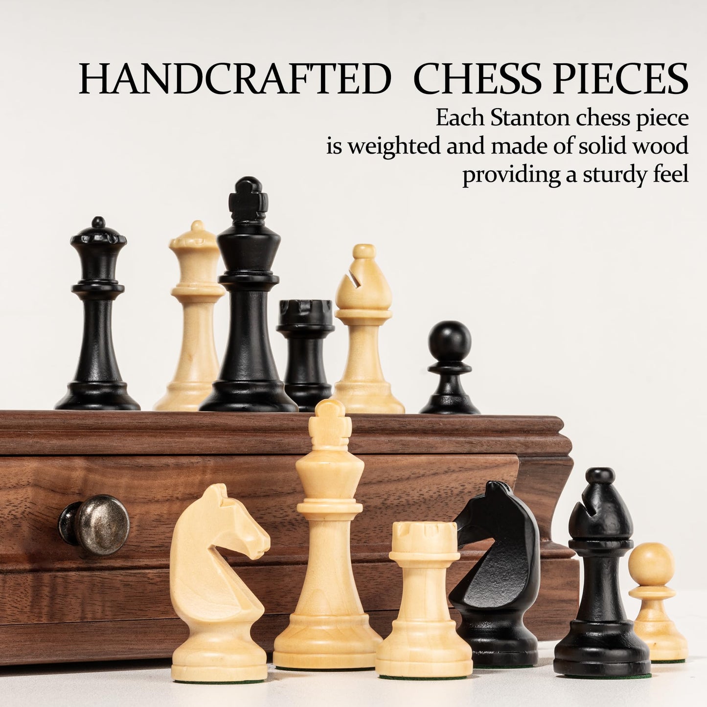 A&A 15-Inch Walnut Chess Set with Storage Drawer - Triple-Weighted Pieces, 3.0-Inch King, Walnut & Maple Inlay, 2-in-1 Chess & Checkers