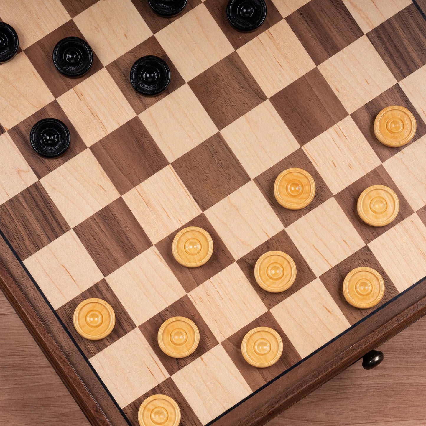 A&A 15-Inch Walnut Chess Set with Storage Drawer - Triple-Weighted Pieces, 3.0-Inch King, Walnut & Maple Inlay, 2-in-1 Chess & Checkers