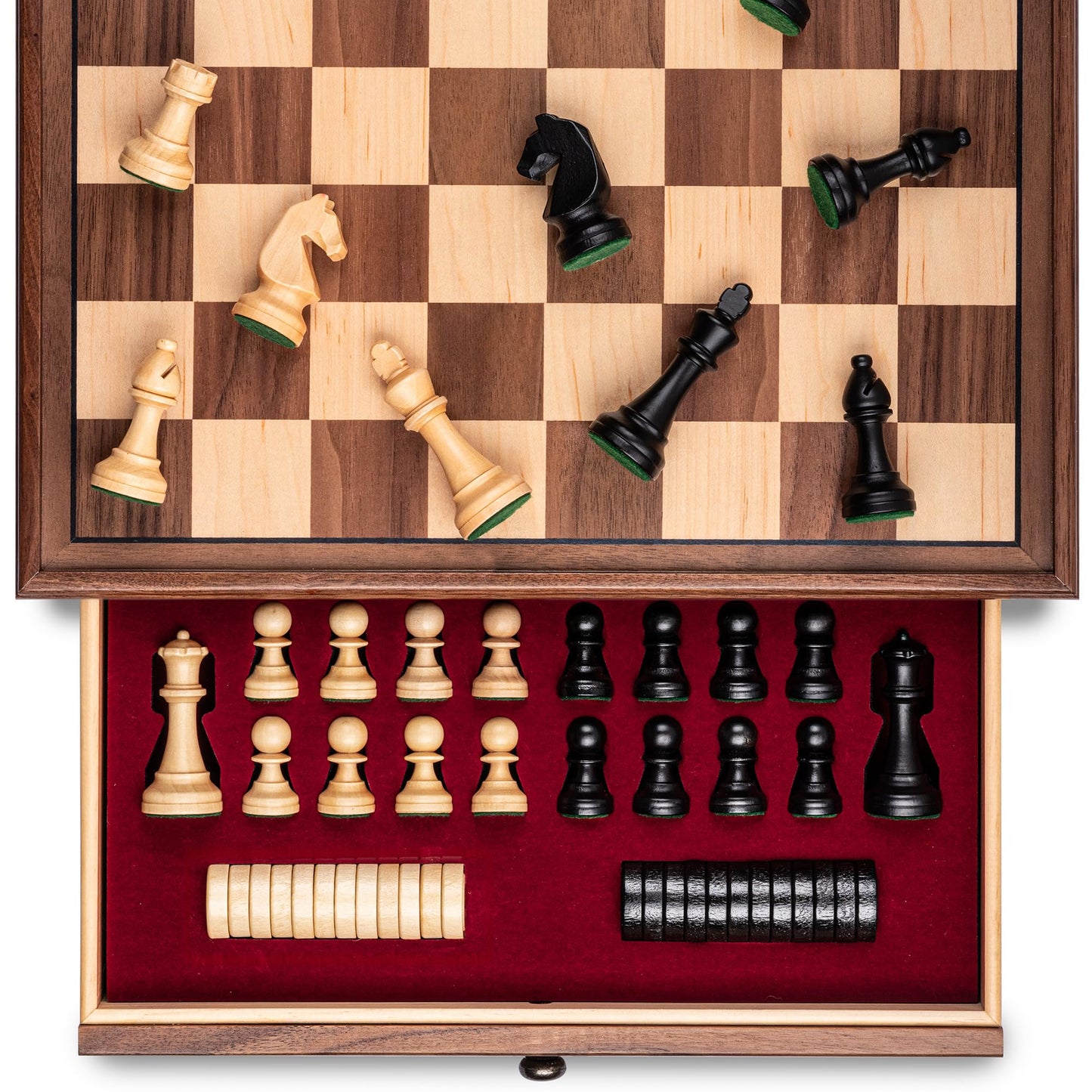 A&A 15-Inch Walnut Chess Set with Storage Drawer - Triple-Weighted Pieces, 3.0-Inch King, Walnut & Maple Inlay, 2-in-1 Chess & Checkers
