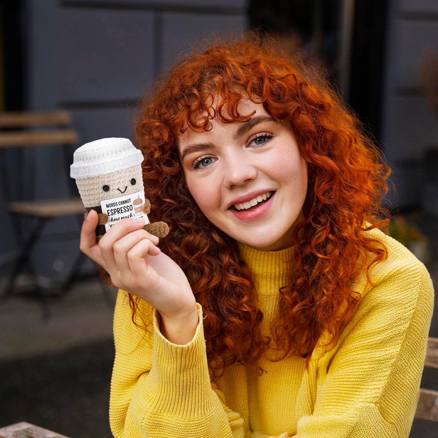A AIFAMY Positive Coffee Crochet Doll – Cute Gift for Friends & Teachers