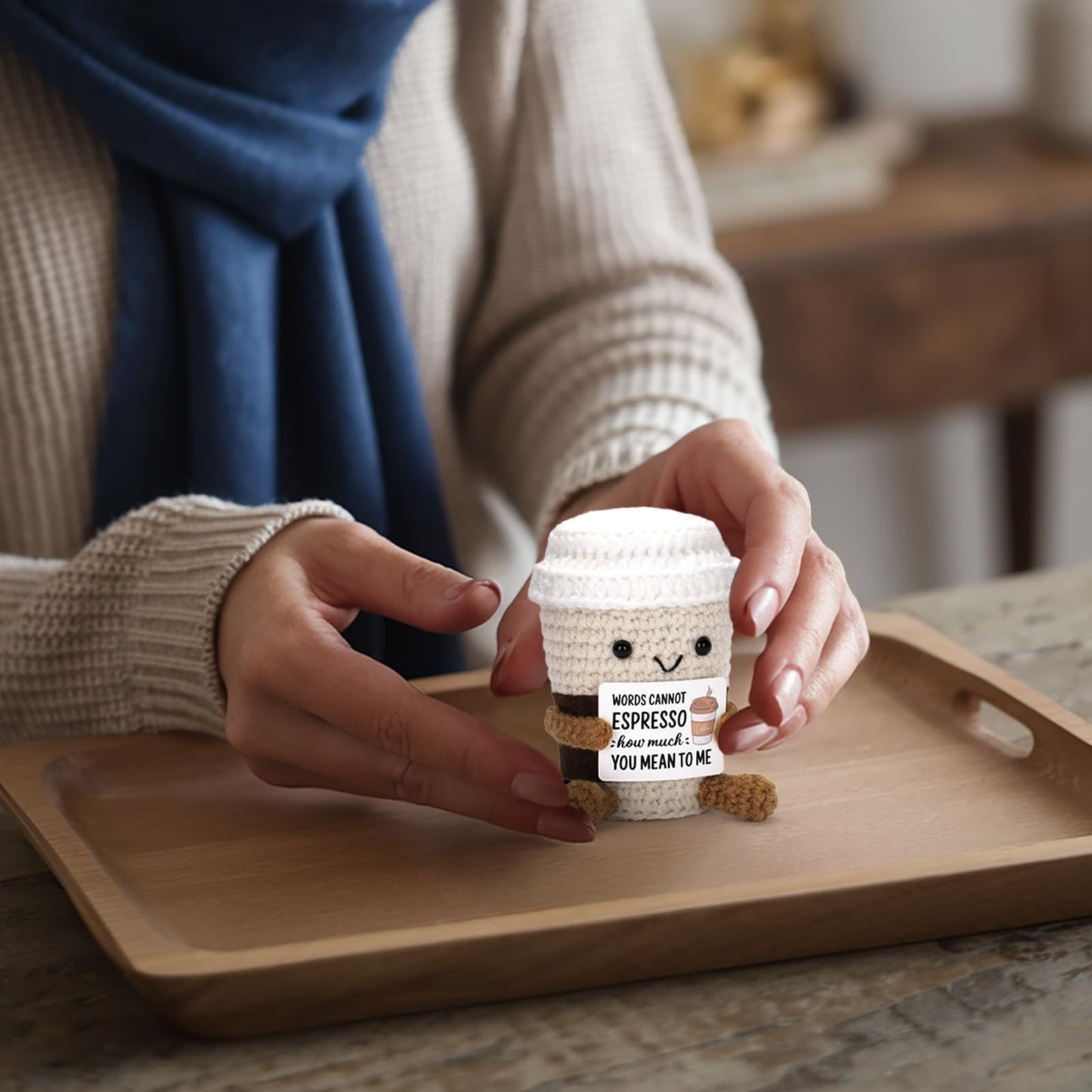 A AIFAMY Positive Coffee Crochet Doll – Cute Gift for Friends & Teachers