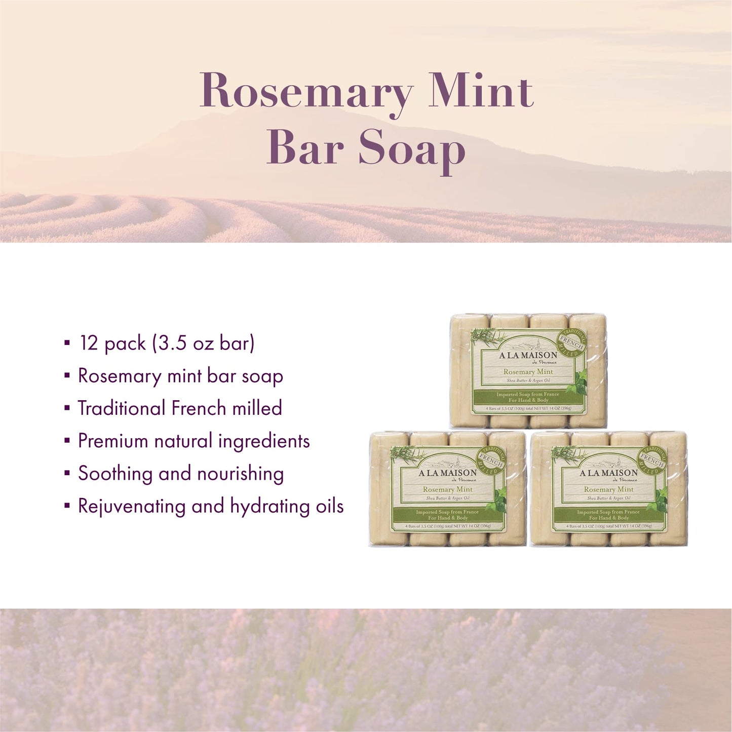 A LA MAISON Rosemary Mint Bar Soap – Triple French Milled Moisturizing Hand Soap (4 Bars, 3.5 oz each)