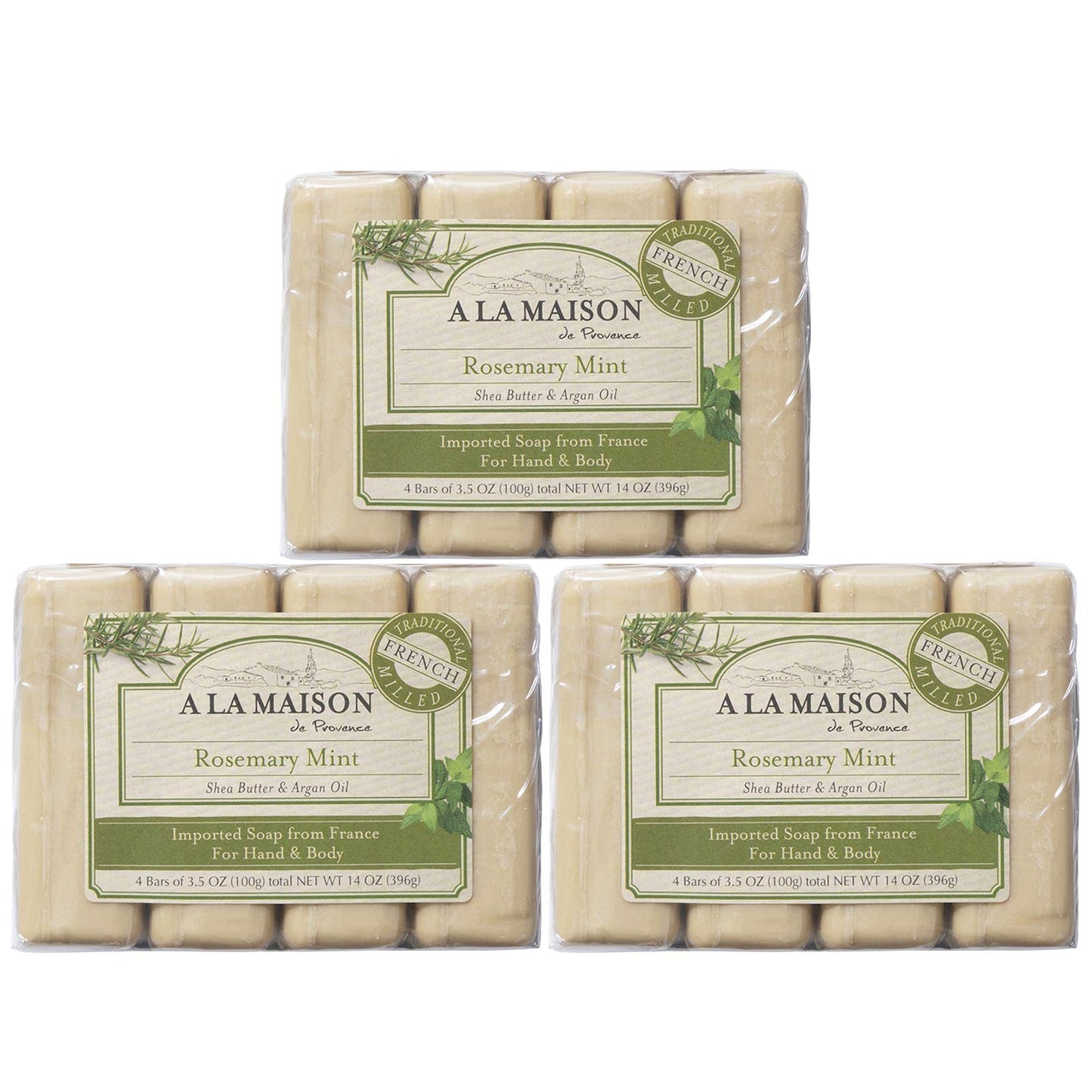 A LA MAISON Rosemary Mint Bar Soap – Triple French Milled Moisturizing Hand Soap (4 Bars, 3.5 oz each)