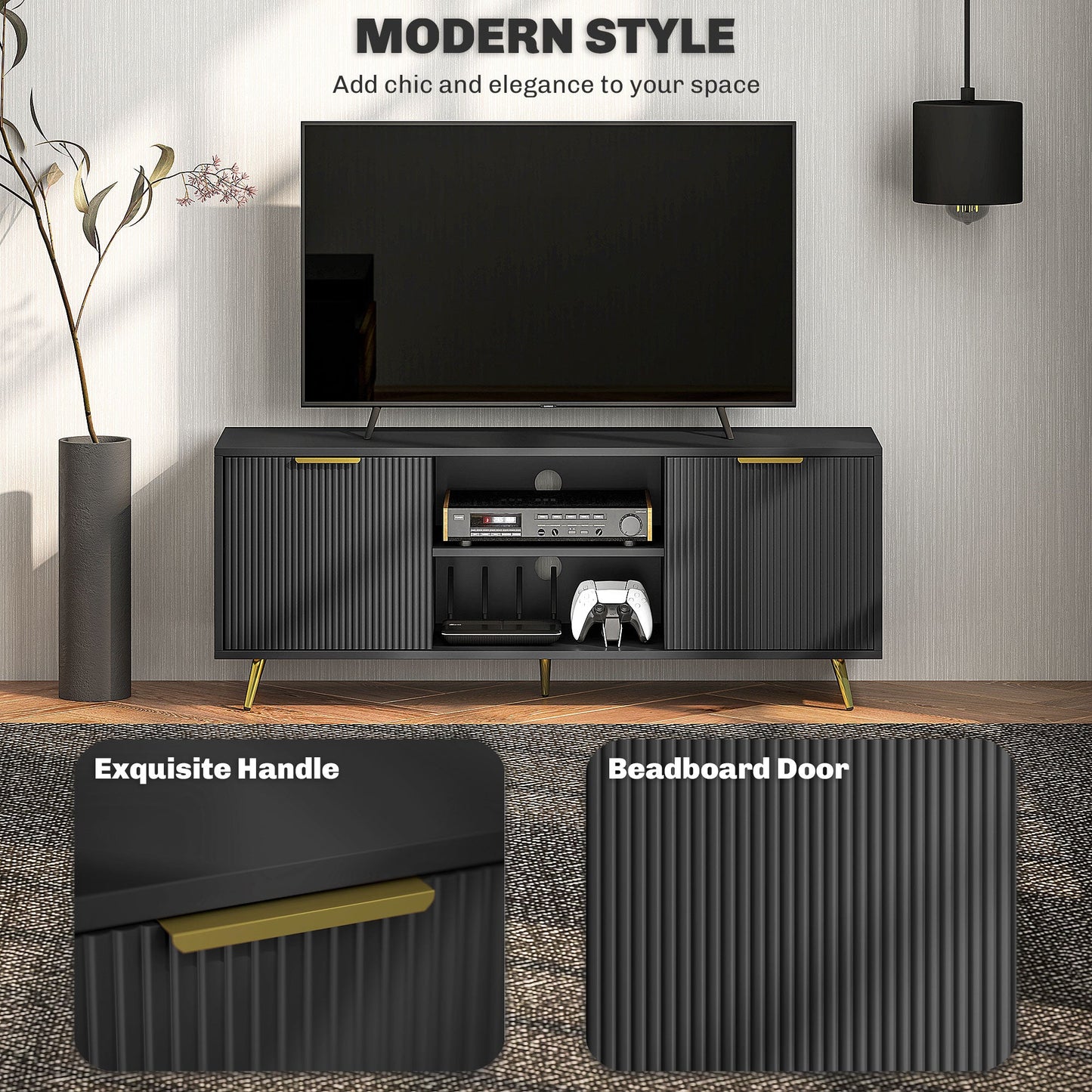 HOMCOM Modern TV Stand Cabinet with Storage for Living Room, Black