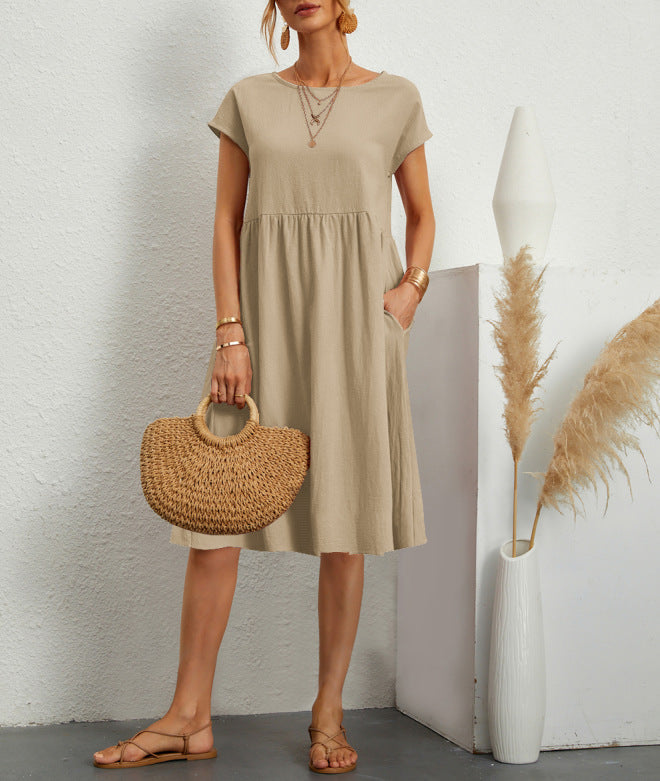 Summer Short-sleeved Dress With Pockets Fashion Solid Round Neck A-line Dresses For Women Clothing
