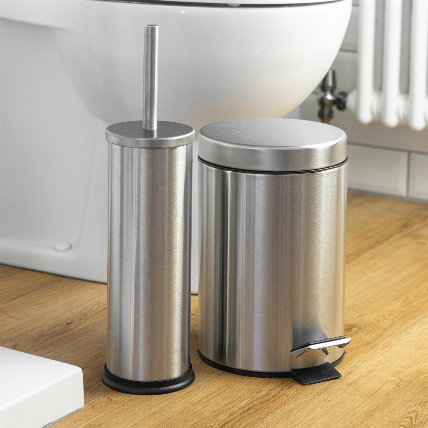 Round Brushed Stainless Steel Toilet Brush & Bin Set