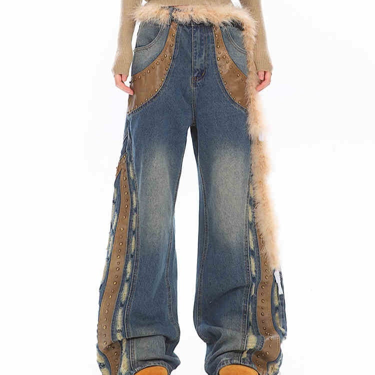 Deconstructed Leather Patchwork Jeans – Retro Washed Wide Leg