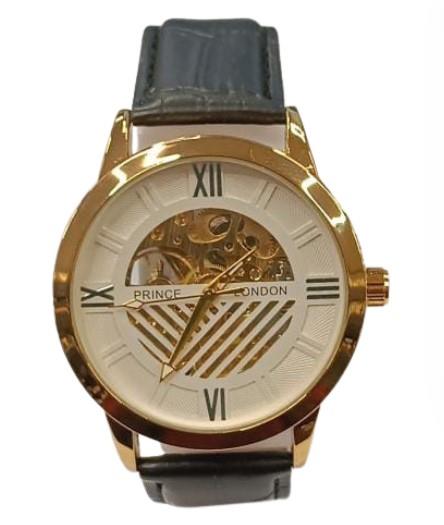 NY London Mens Automatic Dial Analogue Gold/White with Black Leather Strap Watch