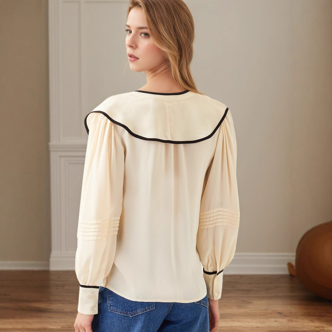 New Women's V-neck Retro Loose-fit Contrast-color Pleated Blouse