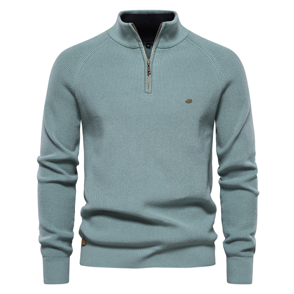 Men's Zipper Stand Collar Knitted Sweater Fashion Slim Solid Color Long Sleeve Half Turtleneck Top Men's Clothing