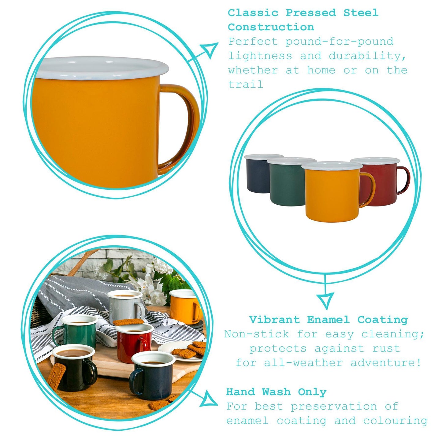 375ml Coloured Enamel Mugs - Pack of Six