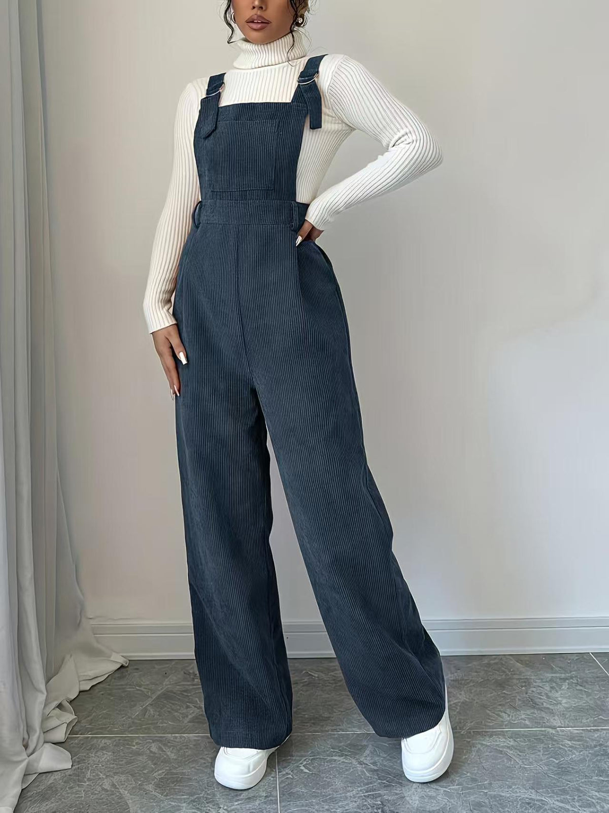Corduroy Loose Straight Bib Pants Women