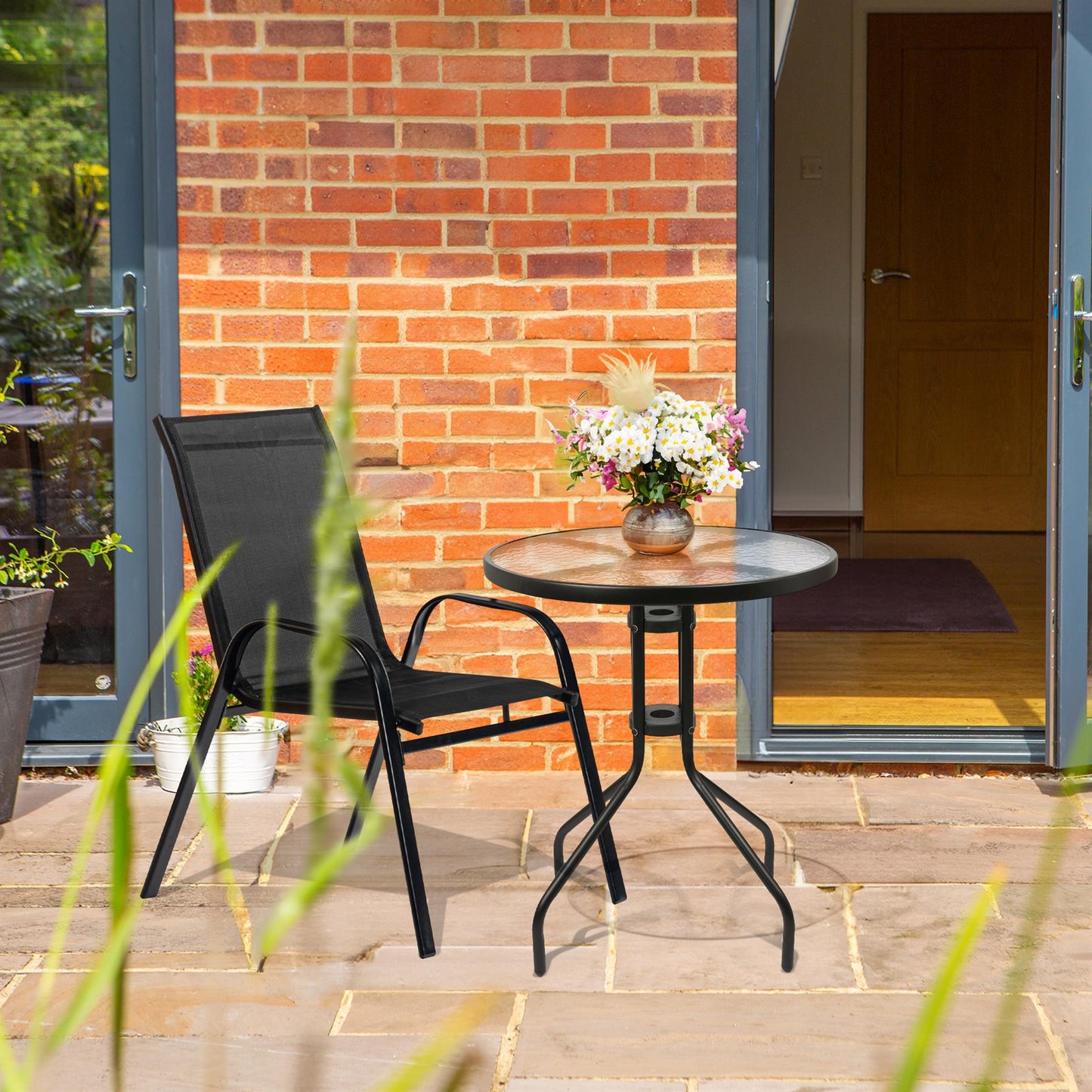 3 piece Round Glass Top Patio Garden Set - Black