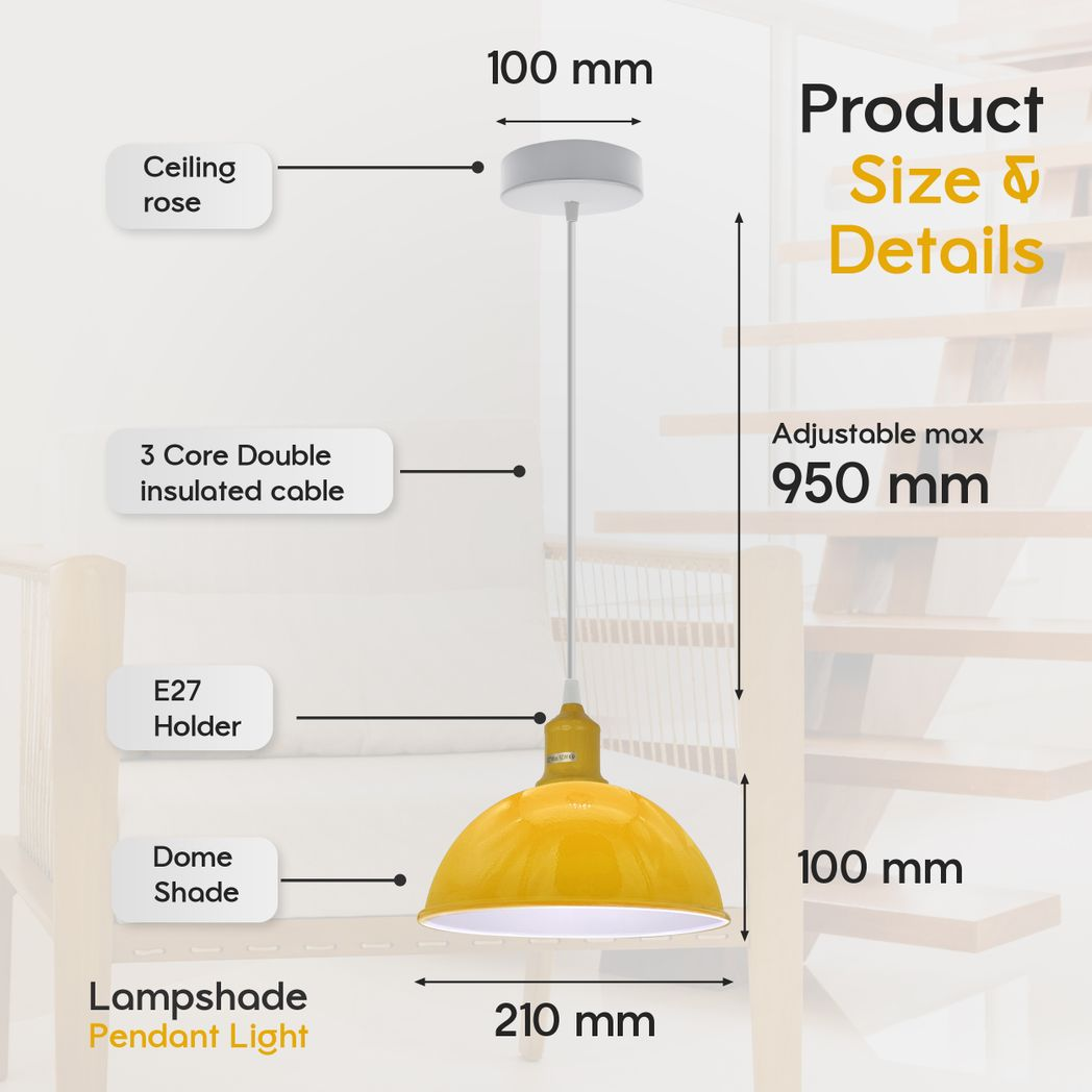 2Pack Dome Shaped Yellow Loft Style Sturdy Metal Lamp Shade Pendant Lights 21cm Bottom Spray Painted Finish Inner White
