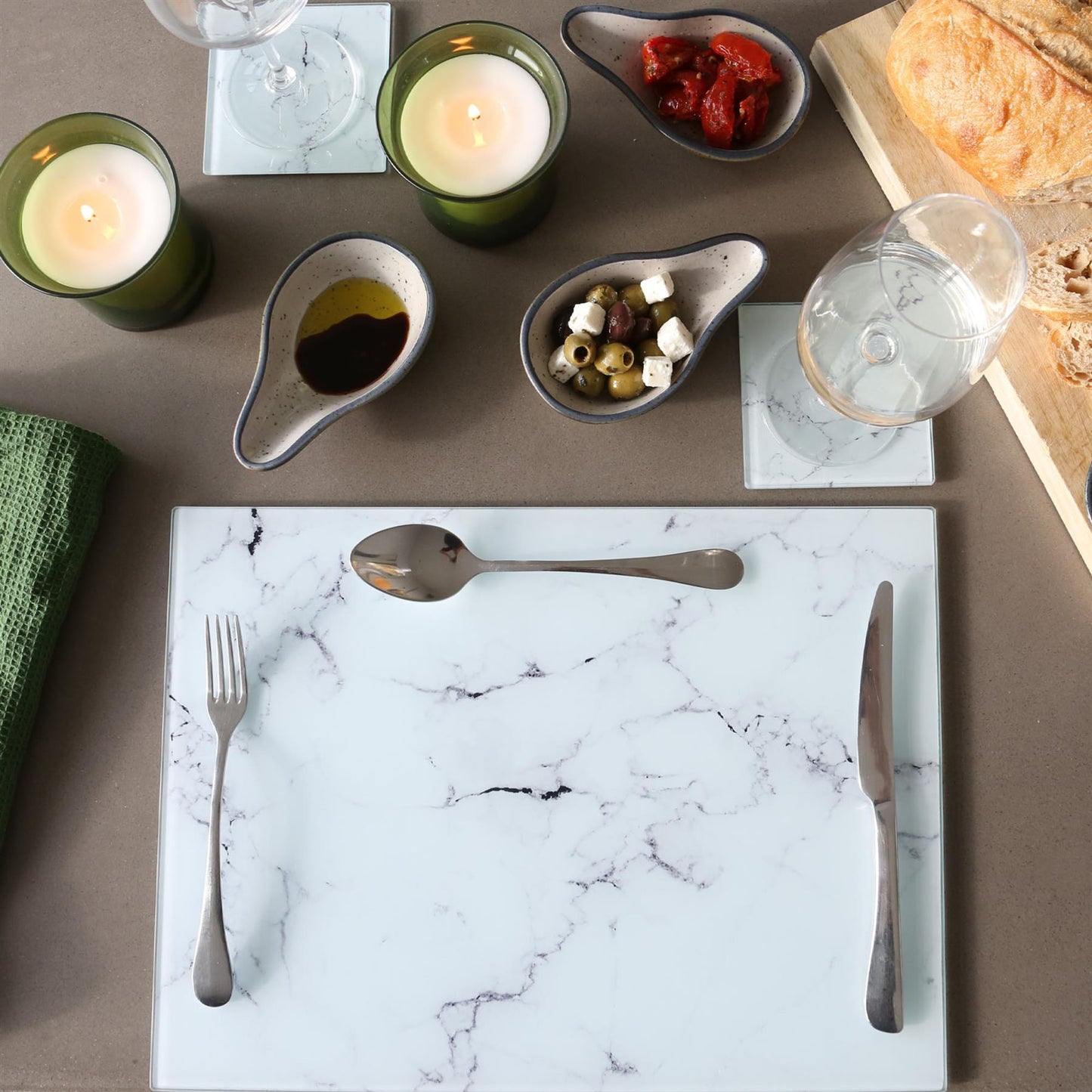 12pc Rectangle Glass Placemats & Square Coasters Set - 40cm x 30cm - Marble