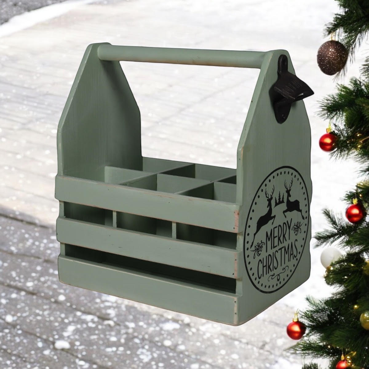 RUSTIC GREEN  6 BOTTLE HOLDER WITH OPENER