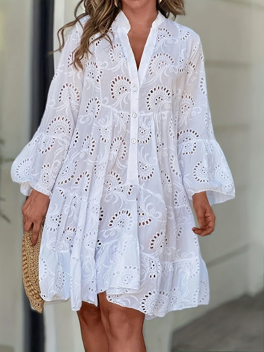 European And American Women's Spring And Summer Solid Color V-Neck Loose Hollow Sexy Dress Nian Nian