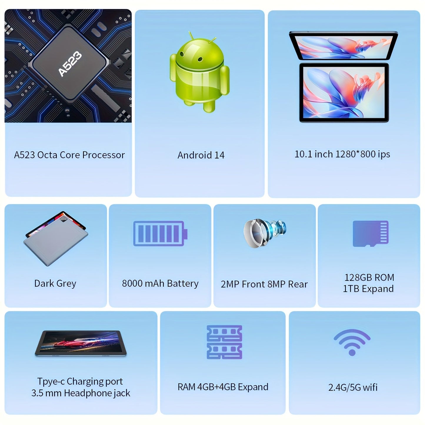 25.65 cm Tablet Android 14, 2-in-1 Tablet with Keyboard, Mouse, Case, Stylus, 128GB ROM + 8GB RAM Extended, Dual 8MP Camera, Octa-Core, 8000mAh, 1280x800 IPS Display, Wi-Fi 6, Google Certified