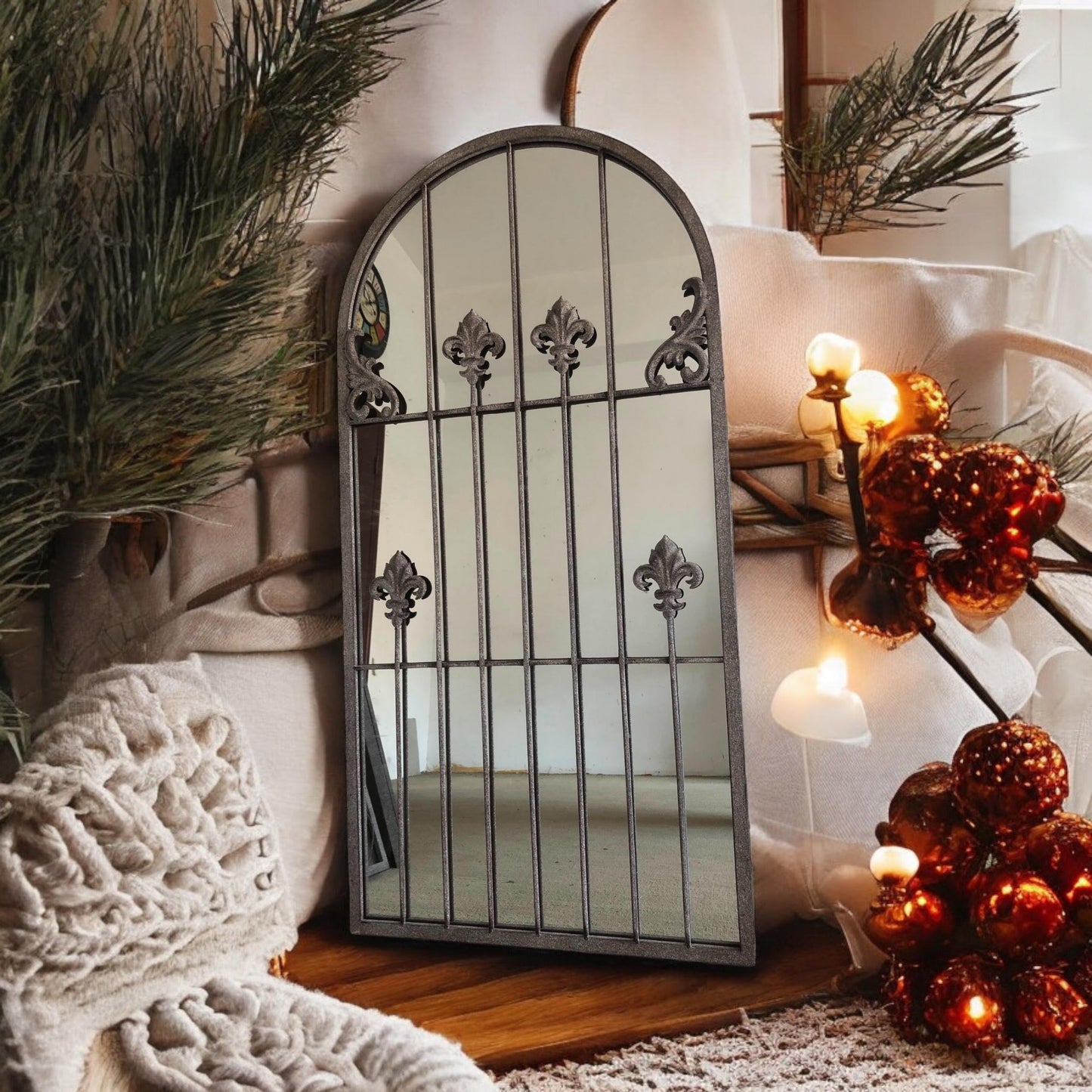 AcaciaHome Stylish 120CM Framed Arched/Rectangle Wall Mirror - Textured Cast Iron Frame with Mid-Century Modern Flair for Entryways, Dressing Rooms, Guestrooms, or Living Spaces (Floral Arched)