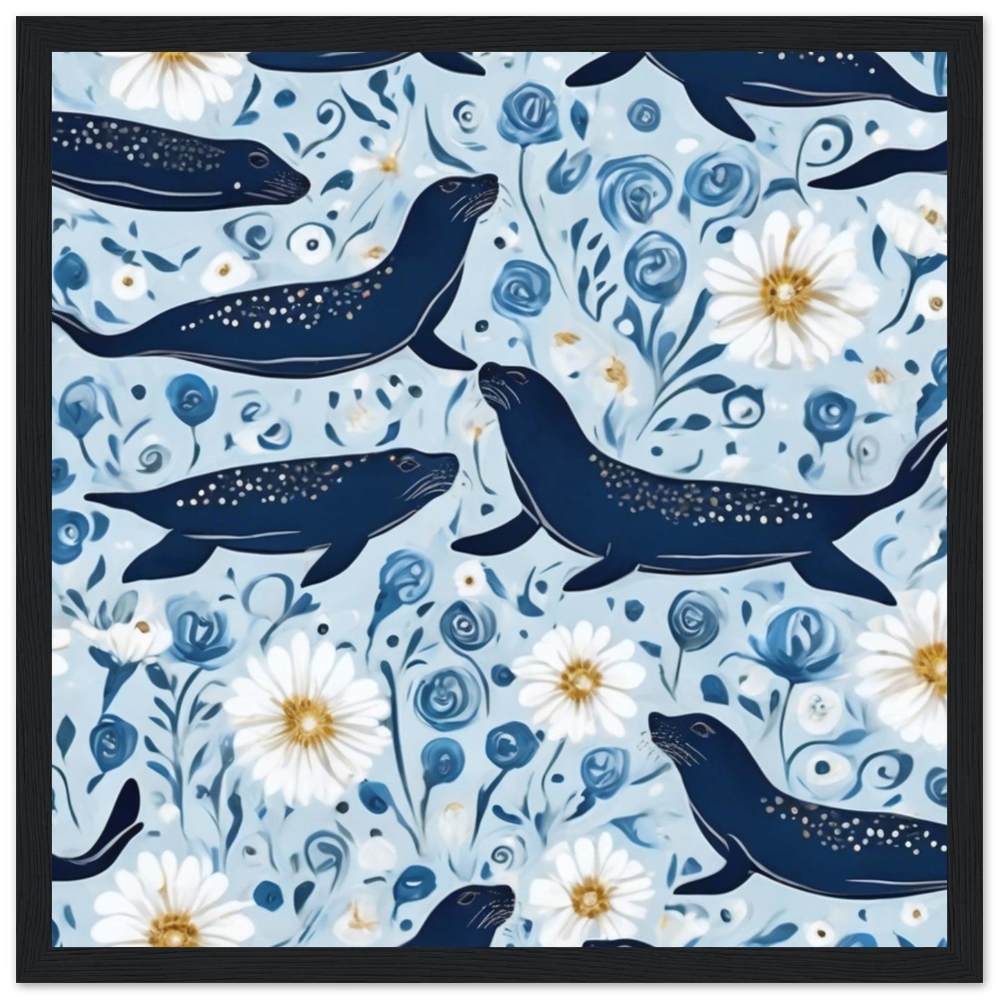 Whimsical Seal and Daisy Framed Wall Art – Coastal Nature Print, Ready to Hang