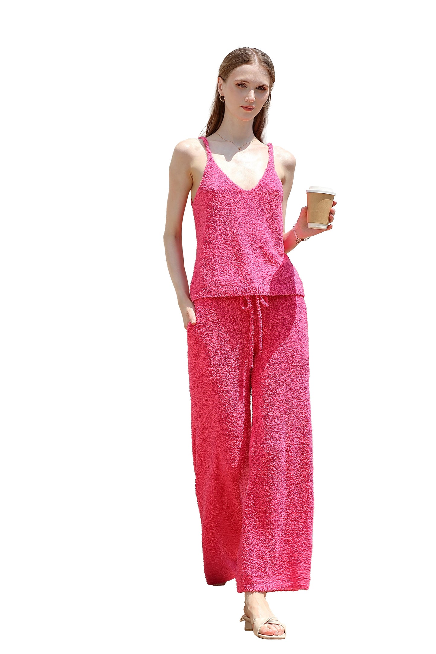 Women's Plush Two-piece Jumpsuit, Short-sleeved Bandeau Top, Wide-leg Pants, Eye-catching Outfit