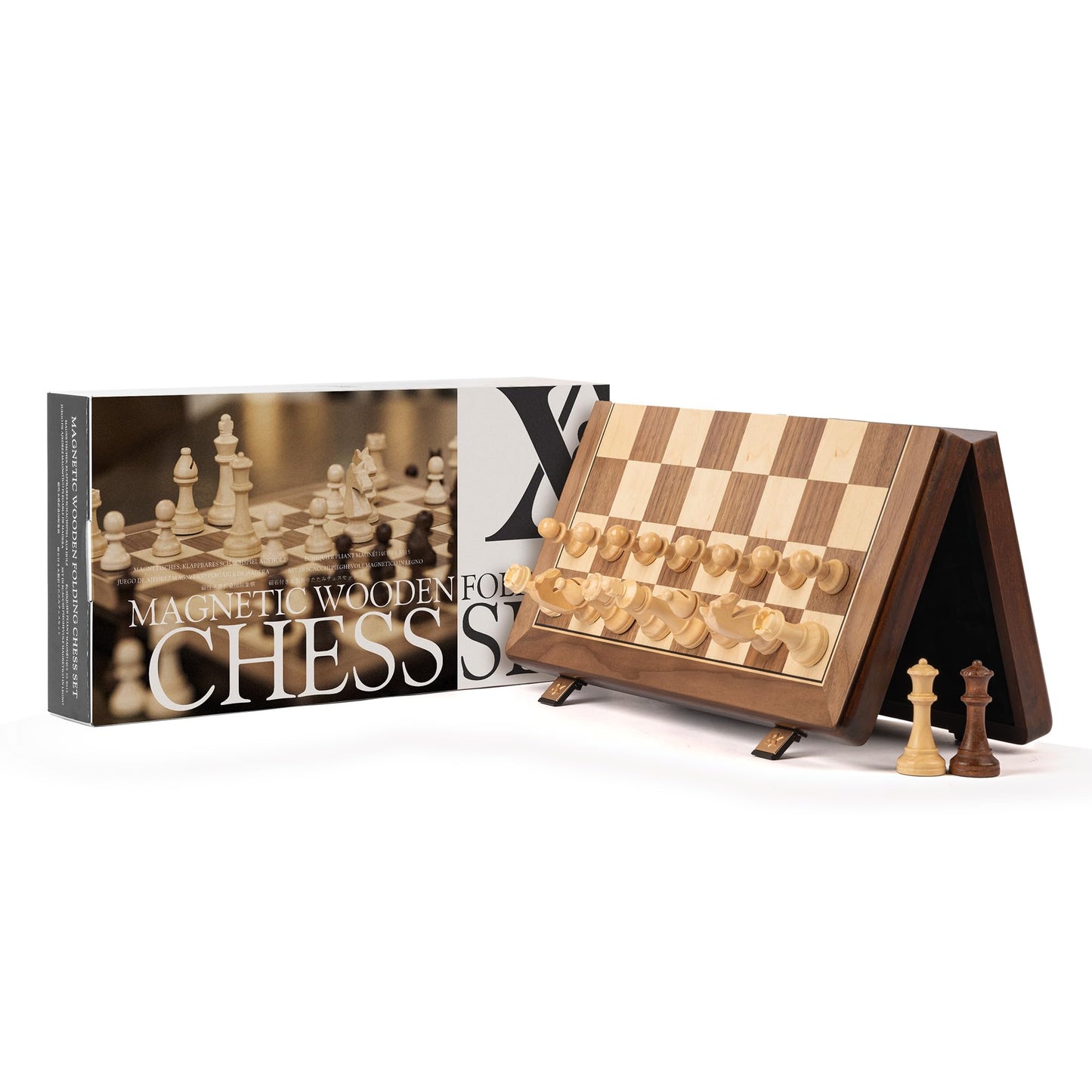 A&A 15" Magnetic Wooden Chess Set – Handmade Staunton Pieces, 3" King Height, 2 Extra Queens, Folding Travel Board