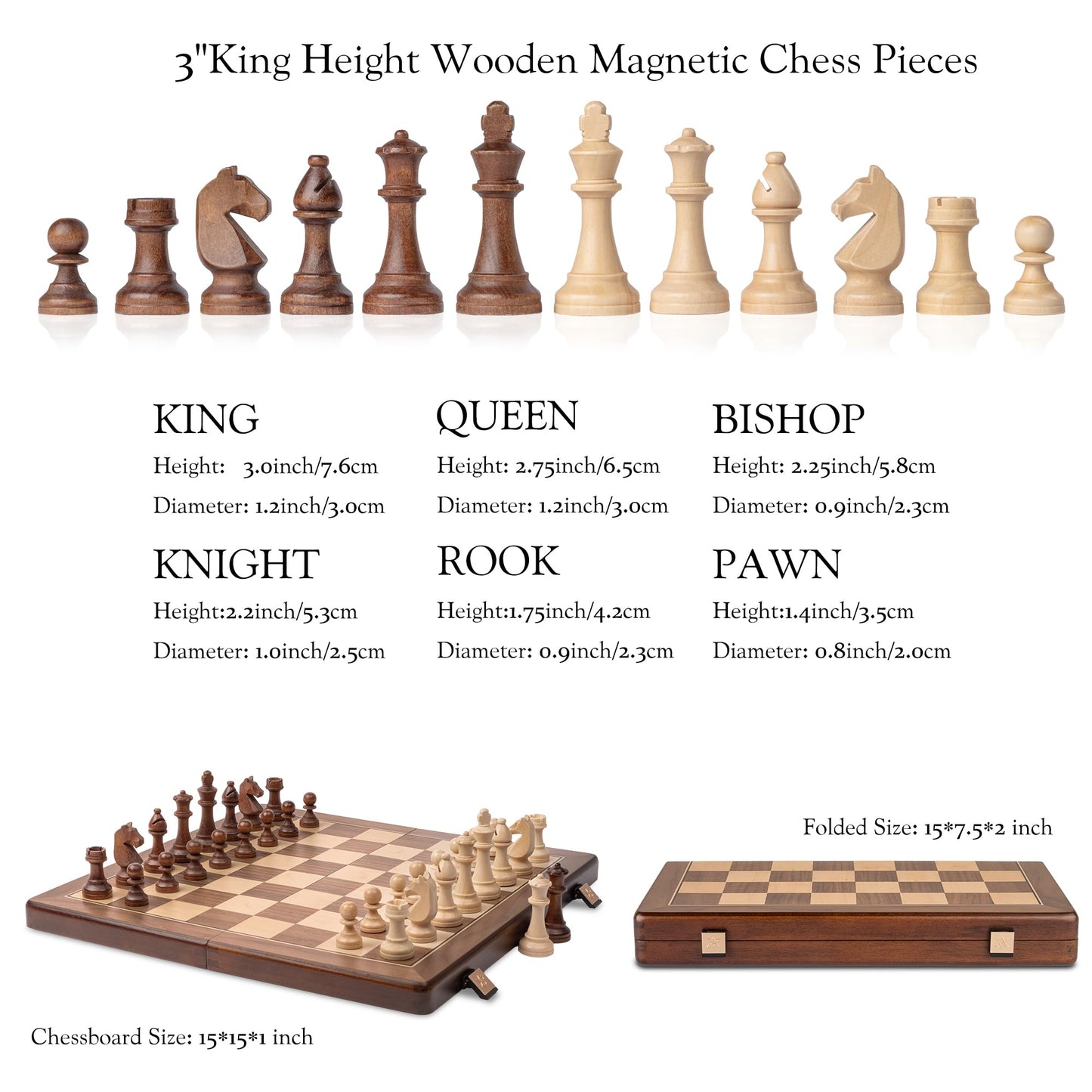 A&A 15" Magnetic Wooden Chess Set – Handmade Staunton Pieces, 3" King Height, 2 Extra Queens, Folding Travel Board
