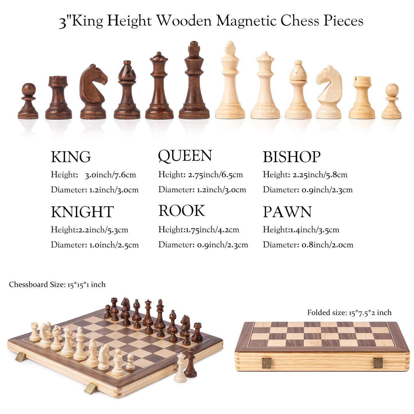 A&A 15-Inch Magnetic Folding Chess Set | Folding Board, 3-Inch Staunton King, Mahogany & Maple Inlays
