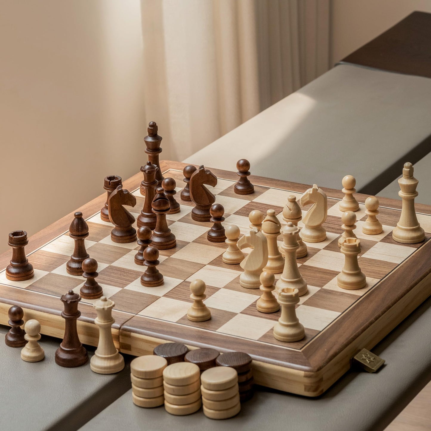 A&A 15-Inch Magnetic Folding Chess Set | Folding Board, 3-Inch Staunton King, Mahogany & Maple Inlays
