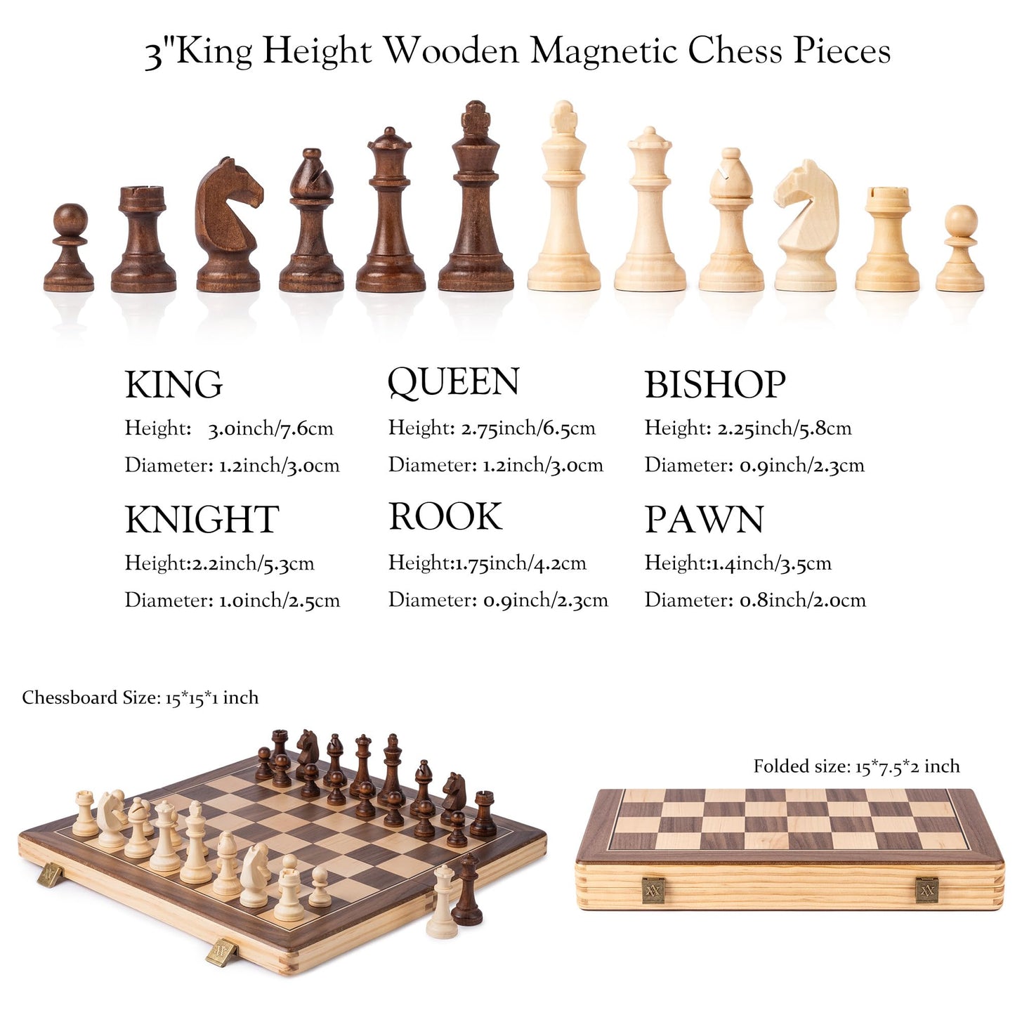 A&A 15-Inch Foldable Wooden Magnetic Chess Set with 3-Inch Staunton King