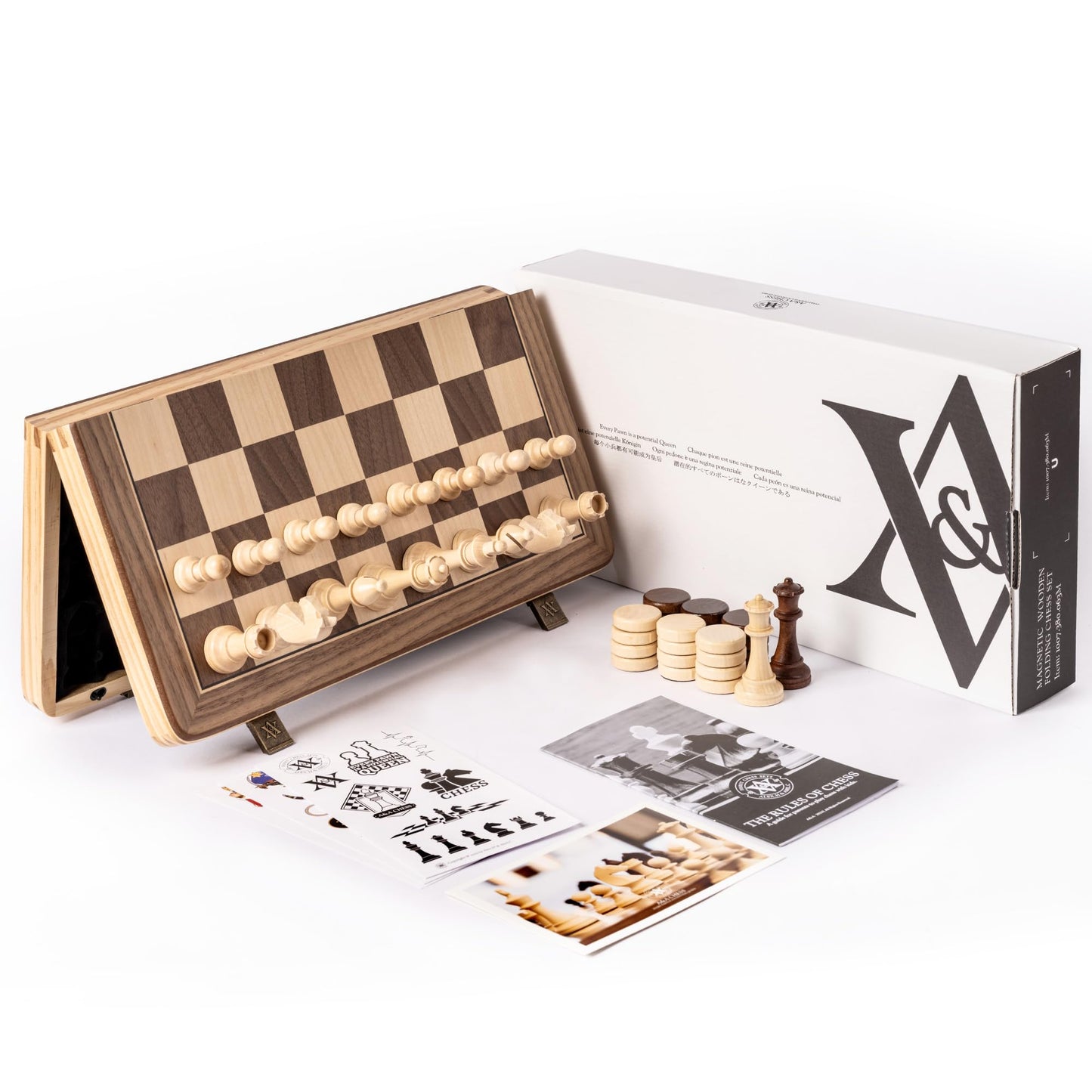 A&A 15-Inch Magnetic Folding Chess Set | Folding Board, 3-Inch Staunton King, Mahogany & Maple Inlays