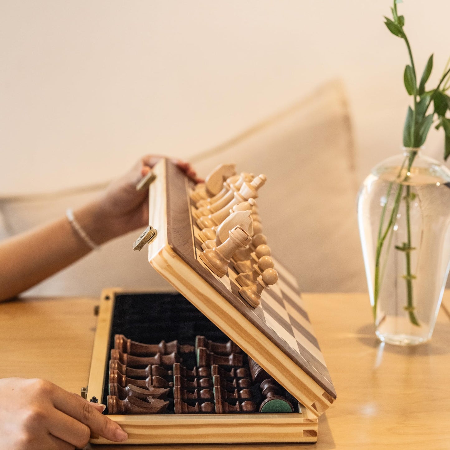 A&A 15-Inch Magnetic Folding Chess Set | Folding Board, 3-Inch Staunton King, Mahogany & Maple Inlays